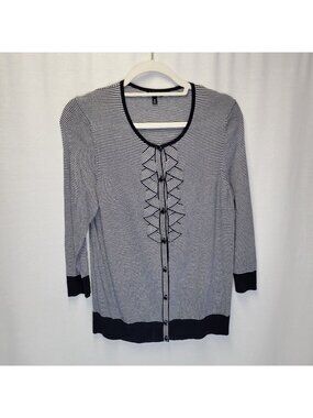 Talbots Women's Medium Cardigan Sweater Blue White Striped Ruffle
